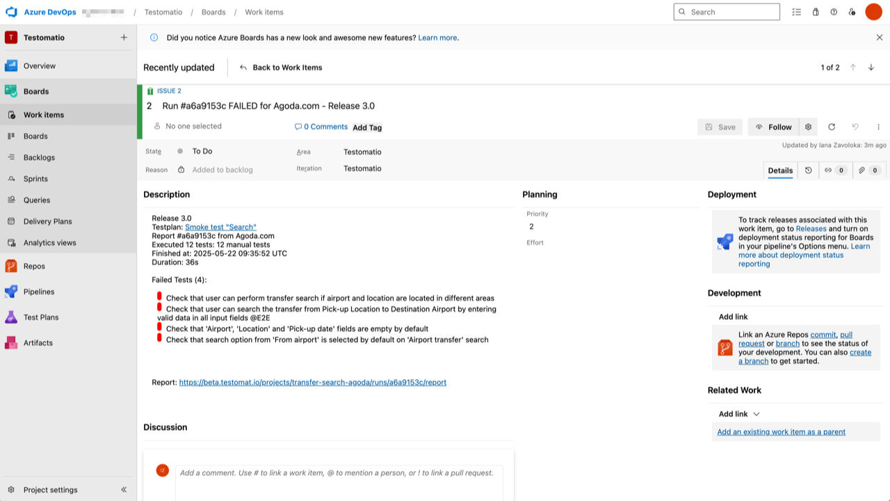 Testomat.io - Notification Azure DevOps